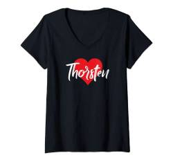 Damen T-Shirt mit Aufschrift "I Love Thorsten", Herz, Name T-Shirt mit V-Ausschnitt von Named Personalized Heart Tees GRN