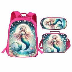 Nanen 3-teiliges Rucksack-Set mit Meerjungfrauen-Muster, Geschenke für Mädchen, Kinder, Büchertasche mit Lunchbox, Federmäppchen für Grundschule von Nanen