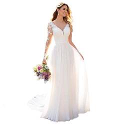 Nanger Damen V-Ausschnitt Hochzeitskleider Lang Ärmel Spitze Chiffon Boho Brautkleider Elfenbein 44 von Nanger