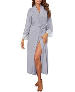 Nanxson Damen Bademantel Kimono Morgenmantel V-Ausschnitt Nachtwäsche Robe Lange Ärmel Saunamantel S-XXL (L, Grau) von Nanxson