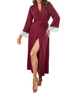 Nanxson Damen Bademantel Kimono Morgenmantel V-Ausschnitt Nachtwäsche Robe Lange Ärmel Saunamantel S-XXL (M, Dunkel Rot) von Nanxson