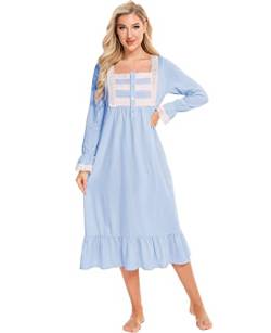 Nanxson Damen Baumwolle Nachthemd Langarm Nachtwäsche Vintage Viktorianisch Nachtkleid Schlafanzug (L, Blau-66) von Nanxson