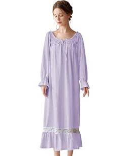 Nanxson Damen Baumwolle Nachthemd Langarm Nachtwäsche Vintage Viktorianisch Nachtkleid Schlafanzug (L, Lila-51) von Nanxson