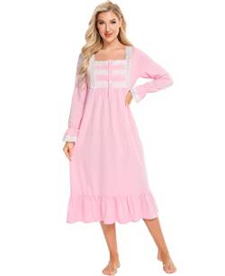 Nanxson Damen Baumwolle Nachthemd Langarm Nachtwäsche Vintage Viktorianisch Nachtkleid Schlafanzug (L, Rosa-66) von Nanxson