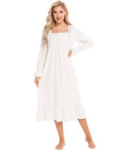 Nanxson Damen Baumwolle Nachthemd Langarm Nachtwäsche Vintage Viktorianisch Nachtkleid Schlafanzug (L, Weiß-66) von Nanxson