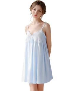 Nanxson Damen Baumwolle Nachthemd Sexy Chemise Slip Nachtwäsche Spitzen Unterhemd Negligees Schlafanzug (M,Blau) von Nanxson
