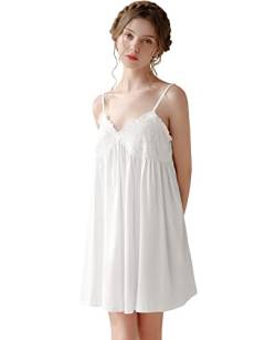Nanxson Damen Baumwolle Nachthemd Sexy Chemise Slip Nachtwäsche Spitzen Unterhemd Negligees Schlafanzug (S,Weiß) von Nanxson
