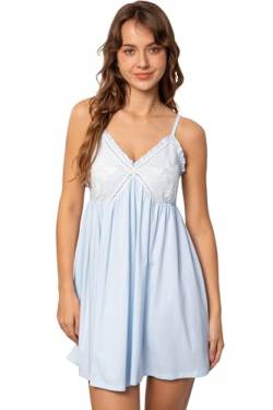 Nanxson Damen Baumwolle Nachthemd Sexy Chemise Slip Nachtwäsche Spitzen Unterhemd Negligees Schlafanzug (XXL,Blau) von Nanxson