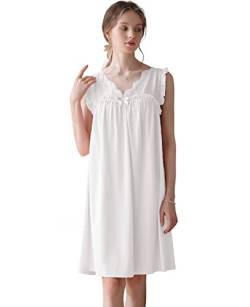 Nanxson Damen Baumwolle Nachthemd Übergröße Schlafshirt Ärmellos Nachtkleid Spitze V-Ausschnitt Nachtwäsche Loungewear (L,Weiß) von Nanxson