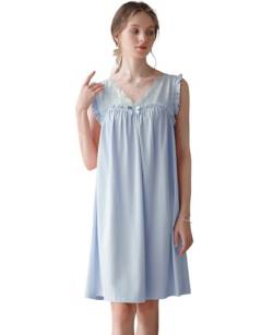 Nanxson Damen Baumwolle Nachthemd Übergröße Schlafshirt Ärmellos Nachtkleid Spitze V-Ausschnitt Nachtwäsche Loungewear (M,Blau) von Nanxson