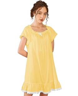 Nanxson Damen Baumwolle Nachthemd Vintage Viktorianisch Nachtwäsche Kurzarm Nachtkleid (L, Gelb) von Nanxson