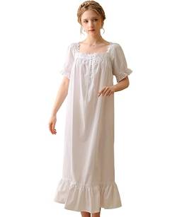 Nanxson Damen Baumwolle Nachthemd Vintage Viktorianischen Prinzessin Stil Nachtwäsche Kurz/Lange Ärmel Nachtkleid (L,Kurzarm Weiß) von Nanxson
