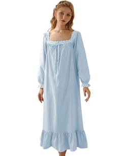 Nanxson Damen Baumwolle Nachthemd Vintage Viktorianischen Prinzessin Stil Nachtwäsche Kurz/Lange Ärmel Nachtkleid (L,Langarm Blau) von Nanxson