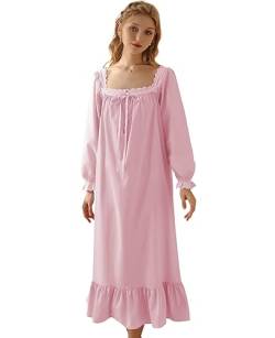 Nanxson Damen Baumwolle Nachthemd Vintage Viktorianischen Prinzessin Stil Nachtwäsche Kurz/Lange Ärmel Nachtkleid (L,Langarm Rosa) von Nanxson