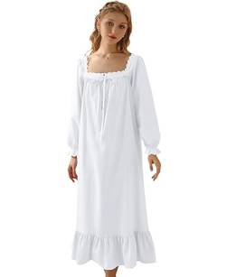 Nanxson Damen Baumwolle Nachthemd Vintage Viktorianischen Prinzessin Stil Nachtwäsche Kurz/Lange Ärmel Nachtkleid (L,Langarm Weiß) von Nanxson