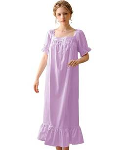 Nanxson Damen Baumwolle Nachthemd Vintage Viktorianischen Prinzessin Stil Nachtwäsche Kurz/Lange Ärmel Nachtkleid (M,Kurzarm Lila) von Nanxson
