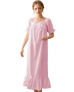 Nanxson Damen Baumwolle Nachthemd Vintage Viktorianischen Prinzessin Stil Nachtwäsche Kurz/Lange Ärmel Nachtkleid (M,Kurzarm Rosa) von Nanxson