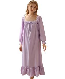 Nanxson Damen Baumwolle Nachthemd Vintage Viktorianischen Prinzessin Stil Nachtwäsche Kurz/Lange Ärmel Nachtkleid (S,Langarm Lila) von Nanxson