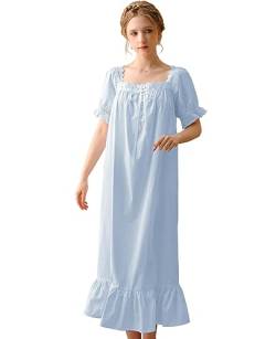 Nanxson Damen Baumwolle Nachthemd Vintage Viktorianischen Prinzessin Stil Nachtwäsche Kurz/Lange Ärmel Nachtkleid (XL,Kurzarm Blau) von Nanxson