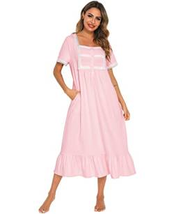 Nanxson Damen Nachthemd Kurzarm Baumwoll Nachtwäsche Vintage Viktorianischen Spitze Nachtkleid Schlafshirt (L,Rosa) von Nanxson