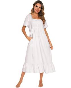 Nanxson Damen Nachthemd Kurzarm Baumwoll Nachtwäsche Vintage Viktorianischen Spitze Nachtkleid Schlafshirt (XL,Weiß) von Nanxson