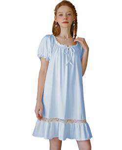 Nanxson Damen Nachthemd Kurzarm Nachtwäsche Sommer Spitze Vintage Nachtkleid Schlafanzüge (L, Blau-83) von Nanxson