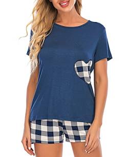 Nanxson Damen Schlafanzug Kurz Sommer Pyjama Set Streifen Schlafhemd Zweiteilig Nachtwäsche (XL, Blau-43) von Nanxson
