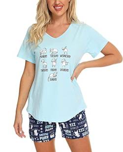 Nanxson Damen Schlafanzug Kurz Sommer Pyjama Set Streifen Schlafhemd Zweiteilig Nachtwäsche (XXL, Blau Katze-79) von Nanxson