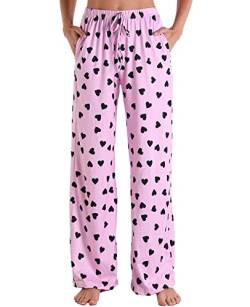 Nanxson Damen Schlafanzughose Lang Schlafanzug Pyjamahose Drucken Nachtwäsche Loungehose Sommer Jogginghose mit Taschen und Kordelzug (L,Rosa Herz) von Nanxson