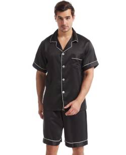 Nanxson Herren Satin Schlafanzug Kurzarm Pyjama Set Zweiteiliger Nachtwäsche Loungewear Set mit Knopfleiste (L,Schwarz) von Nanxson