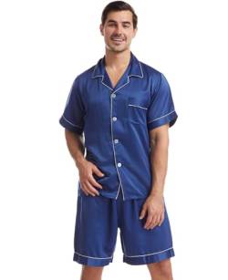 Nanxson Herren Satin Schlafanzug Kurzarm Pyjama Set Zweiteiliger Nachtwäsche Loungewear Set mit Knopfleiste (M,Dunkel Blau) von Nanxson