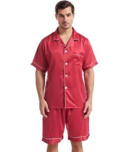 Nanxson Herren Satin Schlafanzug Kurzarm Pyjama Set Zweiteiliger Nachtwäsche Loungewear Set mit Knopfleiste (S,Dunkle Rot) von Nanxson