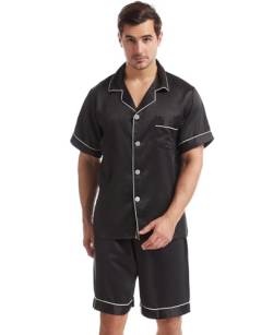 Nanxson Herren Satin Schlafanzug Kurzarm Pyjama Set Zweiteiliger Nachtwäsche Loungewear Set mit Knopfleiste (S,Schwarz) von Nanxson