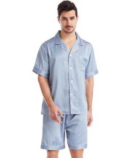 Nanxson Herren Satin Schlafanzug Kurzarm Pyjama Set Zweiteiliger Nachtwäsche Loungewear Set mit Knopfleiste (XL,Blau Grau) von Nanxson