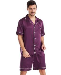 Nanxson Herren Satin Schlafanzug Kurzarm Pyjama Set Zweiteiliger Nachtwäsche Loungewear Set mit Knopfleiste (XL,Dunkle Lila) von Nanxson