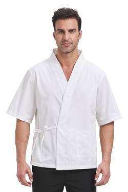 Nanxson Kochjacke Bauwolle Leinen japanischen Stil Atmungsaktiv Kurzarm Kochuniform Kochbekleidung für Männer CFM0074 (Weiß, XL) von Nanxson