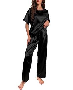 Nanxson Schlafanzug Damen Lang Zweiteiler Pyjama Satin Hausanzug Kurzarm Pyjama Set (L,Schwarz) von Nanxson