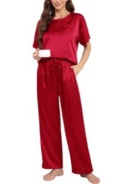 Nanxson Schlafanzug Damen Lang Zweiteiler Pyjama Satin Hausanzug Kurzarm Pyjama Set (M,Dunkel Rot) von Nanxson