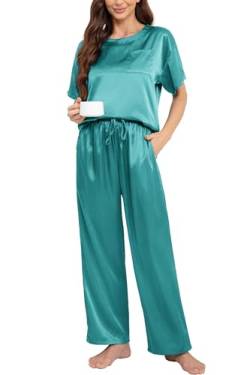 Nanxson Schlafanzug Damen Lang Zweiteiler Pyjama Satin Hausanzug Kurzarm Pyjama Set (M,Hell Grün) von Nanxson