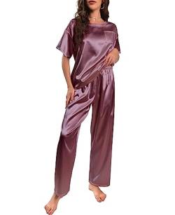 Nanxson Schlafanzug Damen Lang Zweiteiler Pyjama Satin Hausanzug Kurzarm Pyjama Set (M,Lila) von Nanxson