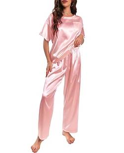 Nanxson Schlafanzug Damen Lang Zweiteiler Pyjama Satin Hausanzug Kurzarm Pyjama Set (M,Rosa) von Nanxson