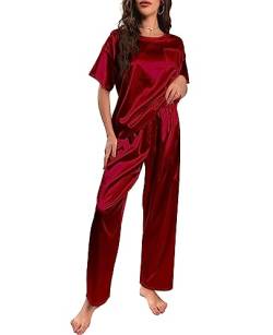 Nanxson Schlafanzug Damen Lang Zweiteiler Pyjama Satin Hausanzug Kurzarm Pyjama Set (S,Dunkel Rot) von Nanxson
