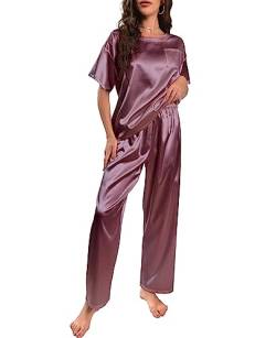 Nanxson Schlafanzug Damen Lang Zweiteiler Pyjama Satin Hausanzug Kurzarm Pyjama Set (S,Lila) von Nanxson