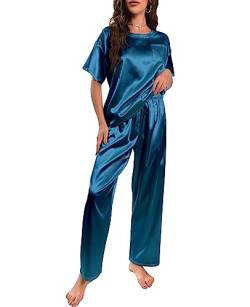 Nanxson Schlafanzug Damen Lang Zweiteiler Pyjama Satin Hausanzug Kurzarm Pyjama Set (XL,Dunkel Blau) von Nanxson