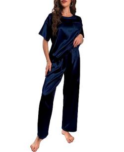 Nanxson Schlafanzug Damen Lang Zweiteiler Pyjama Satin Hausanzug Kurzarm Pyjama Set (XL,Navy) von Nanxson