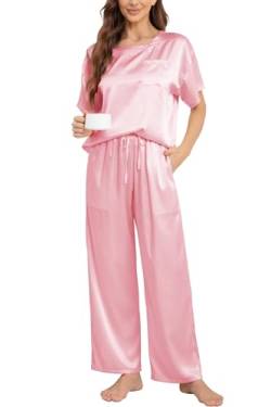 Nanxson Schlafanzug Damen Lang Zweiteiler Pyjama Satin Hausanzug Kurzarm Pyjama Set (XL,Rosa) von Nanxson
