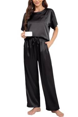 Nanxson Schlafanzug Damen Lang Zweiteiler Pyjama Satin Hausanzug Kurzarm Pyjama Set (XL,Schwarz) von Nanxson