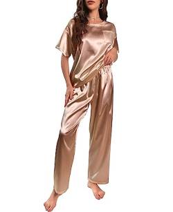 Nanxson Schlafanzug Damen Lang Zweiteiler Pyjama Satin Hausanzug Kurzarm Pyjama Set (XXL,Khaki) von Nanxson