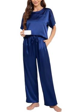 Nanxson Schlafanzug Damen Lang Zweiteiler Pyjama Satin Hausanzug Kurzarm Pyjama Set (XXL,Navy) von Nanxson