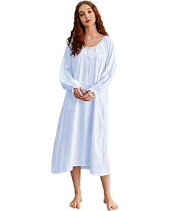Nanxson Viktorianisch Nachthemden für Damen Langarm Nachthemd Leichte Nachtwäsche Langes Schlafanzug (L,Blau) von Nanxson